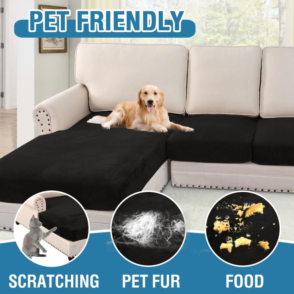 H.VERSAILTEX Velvet Stretch Sectional Couch Covers 3 Pieces Sofa Seat Cushion Covers L Shape Separate Cushion Couch Chaise Cover for Both Left/Right Couch (Large Sofa 2 Seater + 1 Chaise, Black)