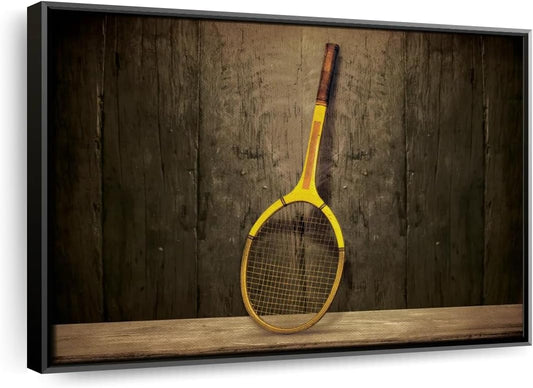 ElephantStock Vintage Tennis Racket Wall Art - Horizontal Framed Canvas - 1-Piece Living Room Wall Decor - Photography Sports Canvas Print - Brown and Black Decor for Wall - 43" X 29"