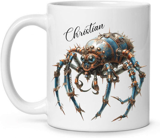 Personalized Steampunk Insect Mug, Customizable Name Mechanical Character Coffee Cup 11oz, Unique Cyberpunk Design Ceramic Mug, Customized White Cup Gift For Sci-Fi Enthusiasts