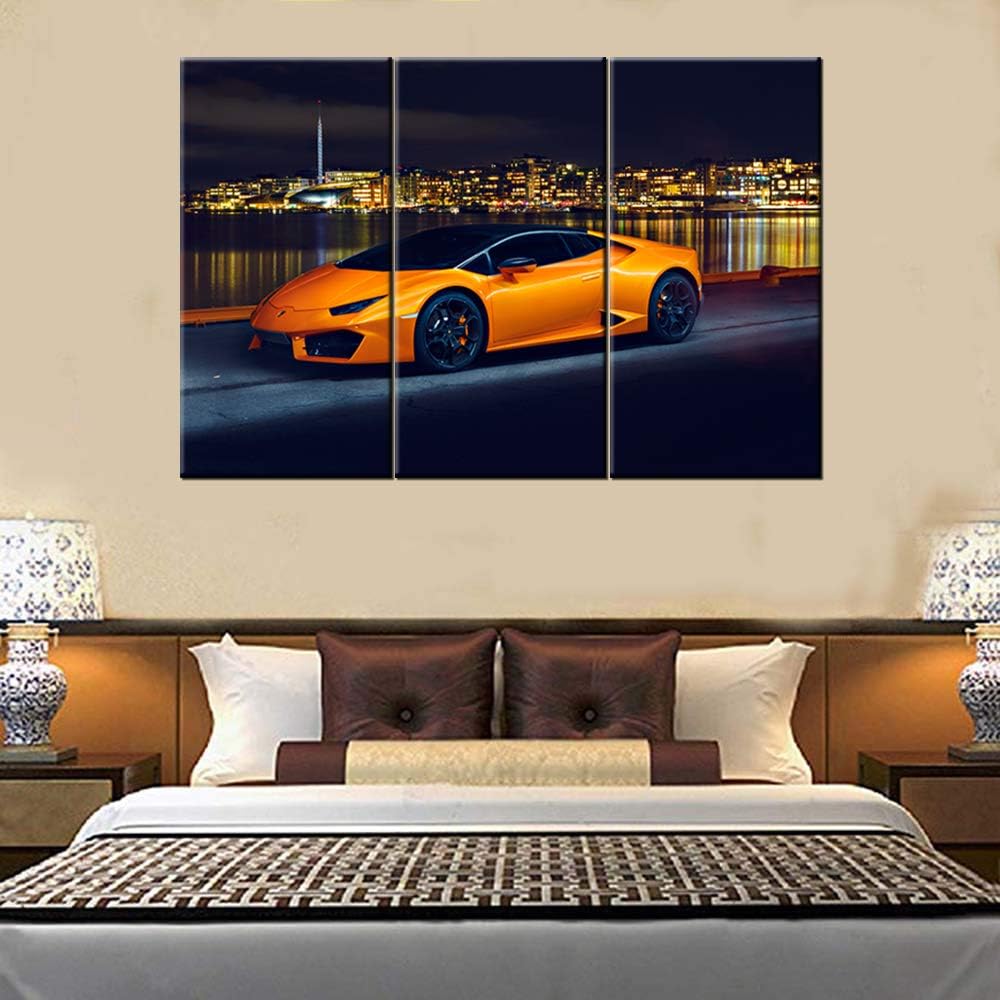 TUMOVO Large Various Types Big Pictures, Classic Car Canvas Wall Art Framed Orange Boys Fast Car Cool Sports Poster 3 Panel 3D Diamond Print Painting - 40 x 20inch x 3 Panels
