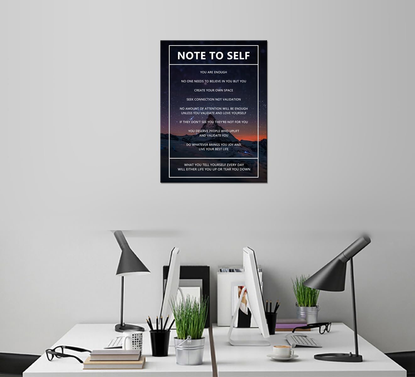 Note to Self Motivational Canvas Wall Art Snow Mountain Starry Sky Inspirational Poster Inspiring Canvas Painting Prints Wall Pictures for Home Decor Living Room Office Framed Artwork [18''W x 24''H]