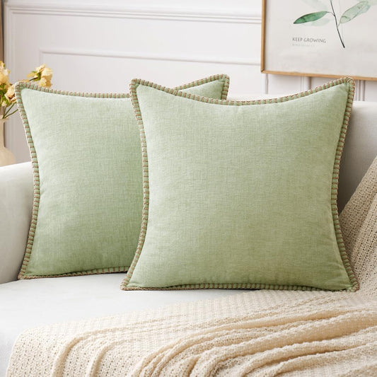 MIULEE Pack of 2 Couch Throw Pillow Covers 20x20 Inch Light Green Farmhouse Decorative Pillow Covers with Stitched Edge Soft Chenille Solid Dyed Spring Pillow Covers for Sofa Bed Living Room