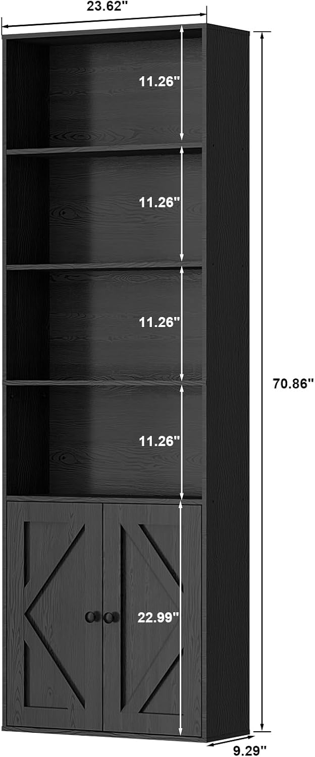 Tall Wooden Bookshelf with Cabinet and Doors – 70.86” Freestanding Tall Bookcase for Heavy Books, Living Room Storage, Home Office Shelf, Bedroom Organization – Vintage Black Wood Book Shelf