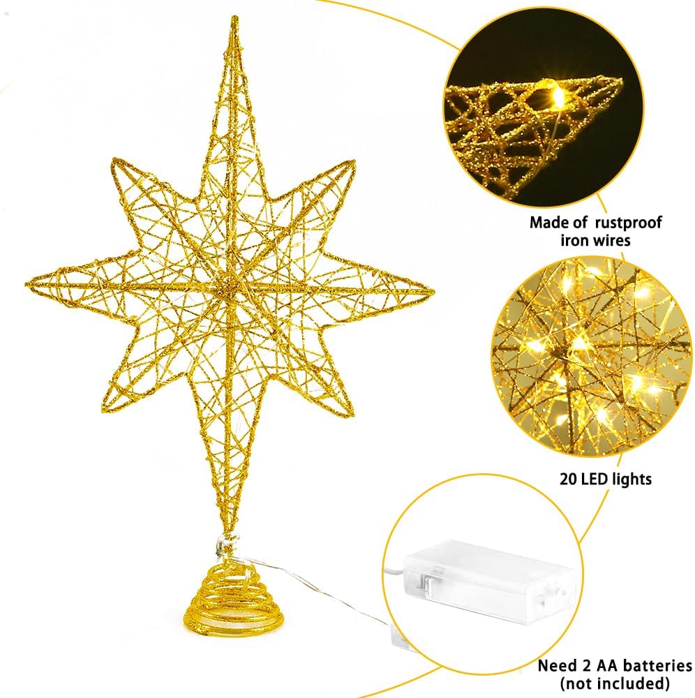 Christmas Tree Topper Lighted 13.5” Gold Star Tree Toppers with 20 LED Lights Christmas Tree Top Ornament for New Year Holiday Home Office Indoor Decorations