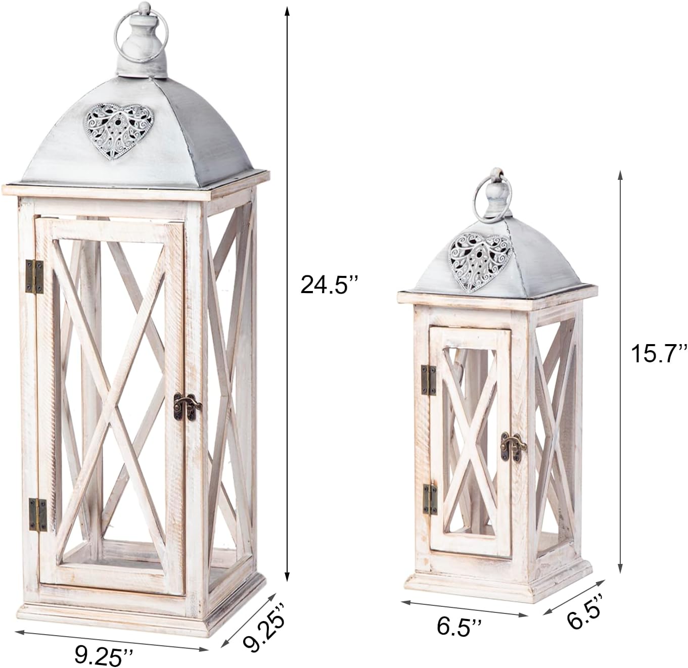 Set of 2 Large Farmhouse Wooden Metal Lanterns, Rustic Decorative Floor Candle Lanterns, Whitewash Distressed Hanging Lanterns for Home Decor (No Glass)