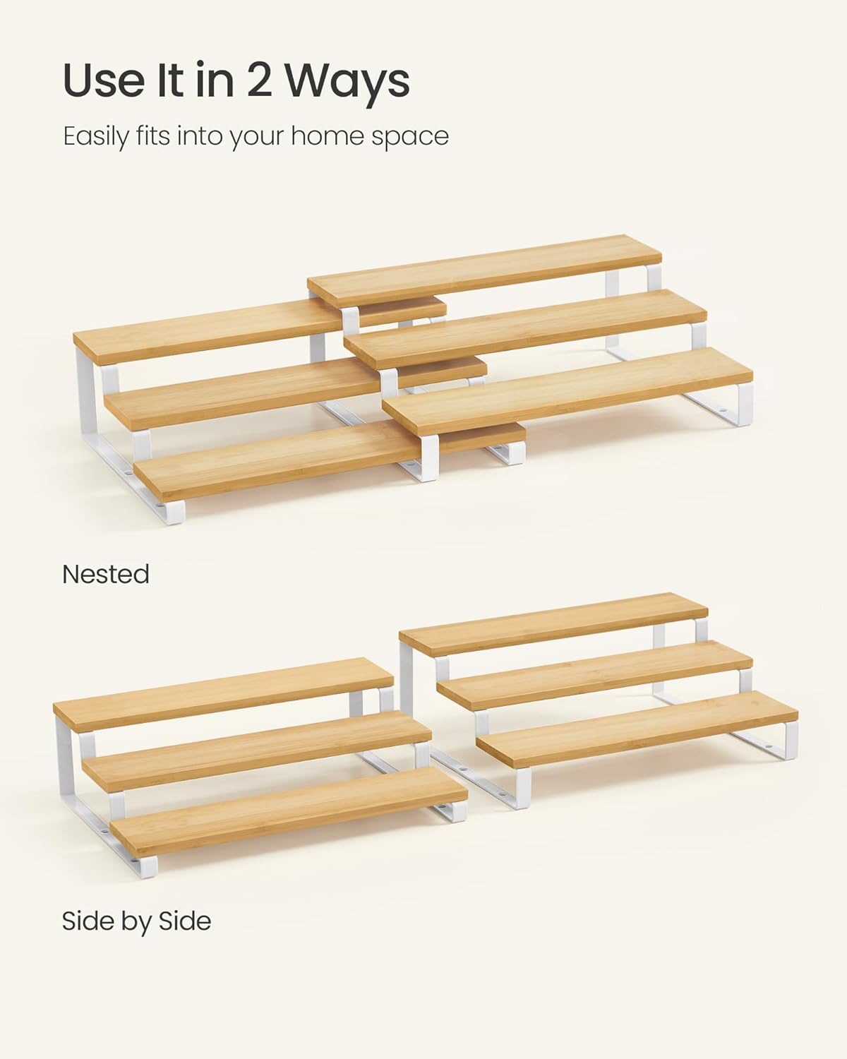 SONGMICS Display Risers, Set of 2 Engineered Wood Perfume Organizer Stand, 3-Tier Cupcake Stand Holder, Spice Rack, Shelf Risers for Figures, Dessert Shelves, Natural Beige and Cloud White UKCS016N02