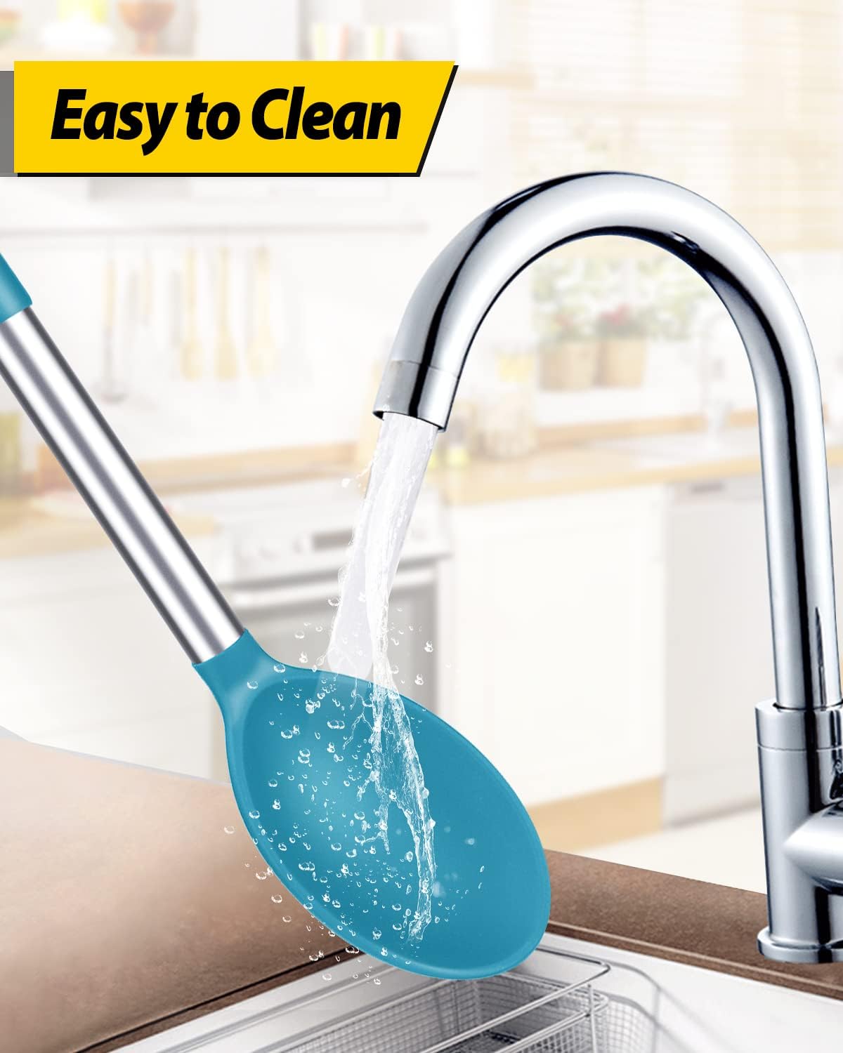 Pack of 2 Large Silicone Cooking Spoons,Non Stick Solid Basting Spoon,Heat-Resistant Kitchen Utensils for Mixing,Serving,Draining,Stirring (BLUE)