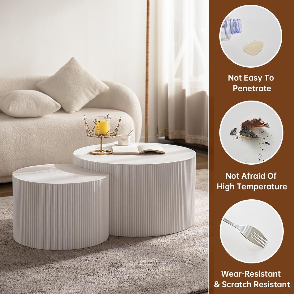 Round Nesting Coffee Table Set of 2 Modern Cream Fluted Coffee Table Small Round End Table Crescent Side Table Circular Coffee Tables Nested Coffee Tables for Living Room (Cream Large)