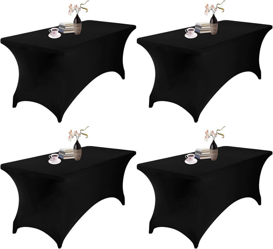 4-Pack Rectangular Spandex Waterproof Tablecloth, 6FT, Black - Stretchable, Stain Resistant, All-Season, Durable, Party, Wedding, Banquet, Events, Table Cover