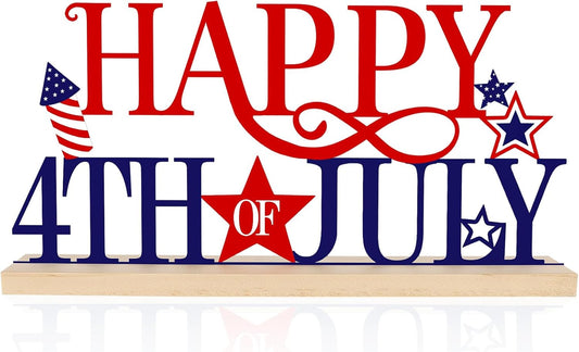 COCHIE Metal Happy 4th of July Sign, Red Blue and White Decorations for Home, Office, Shelf, Mantel, Indoor, Fouth of July Decoration, Patriotic Star Decor (Independence Day)
