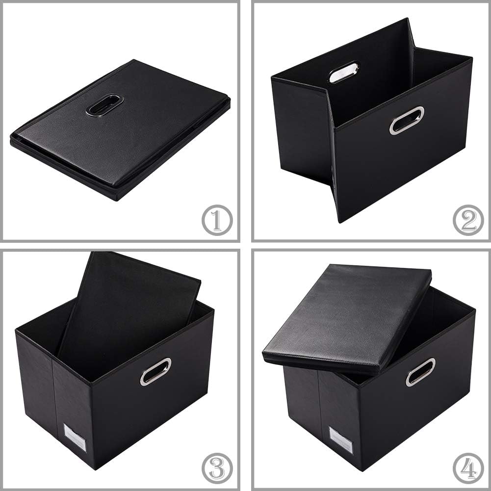 PRANDOM Foldable Storage Bins with Lids [5-Pack] Leather Fabric Collapsible Storage Boxes Organizer Containers Baskets Cube with Cover for Bedroom Closet Office Nursery Black (14.9x10.8x10)
