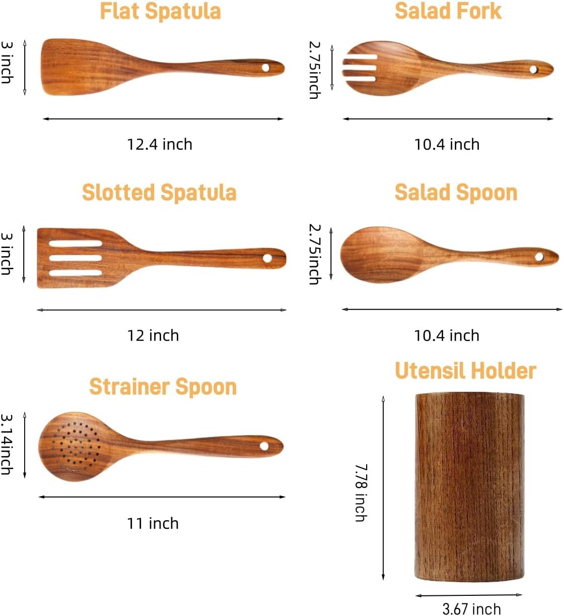 6 PCS Wooden Spoons for Cooking - Teak Wooden Cooking Utensils Set with Holder - Non-Stick, Soft Grip, Ergonomic Design - Natural Finish