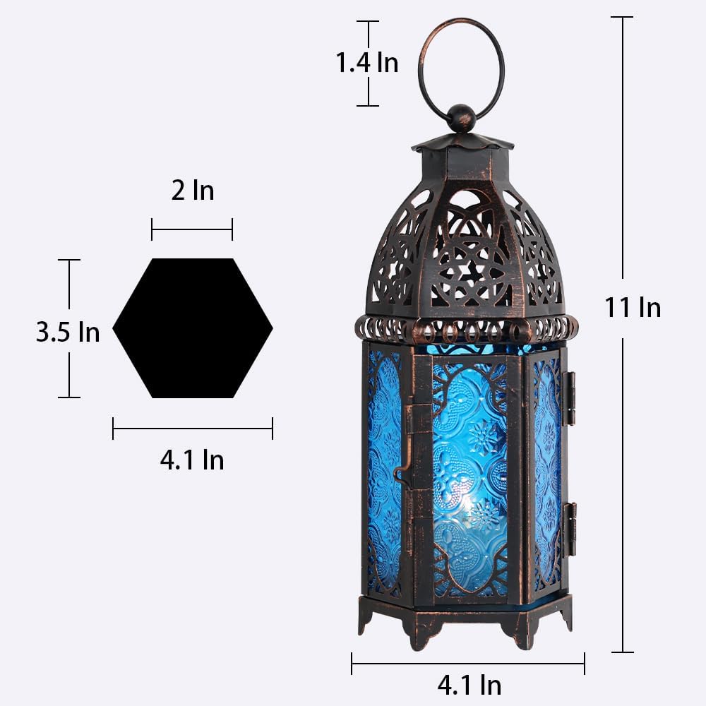 NEEDOMO Hanging Moroccan Lantern, 11'' Vintage Candle Holder, Metal Lanterns Decorative Indoor Outdoor, Table, Patio, Porch, Shelf, Gothic Home Decor (Blue, Medium Size)