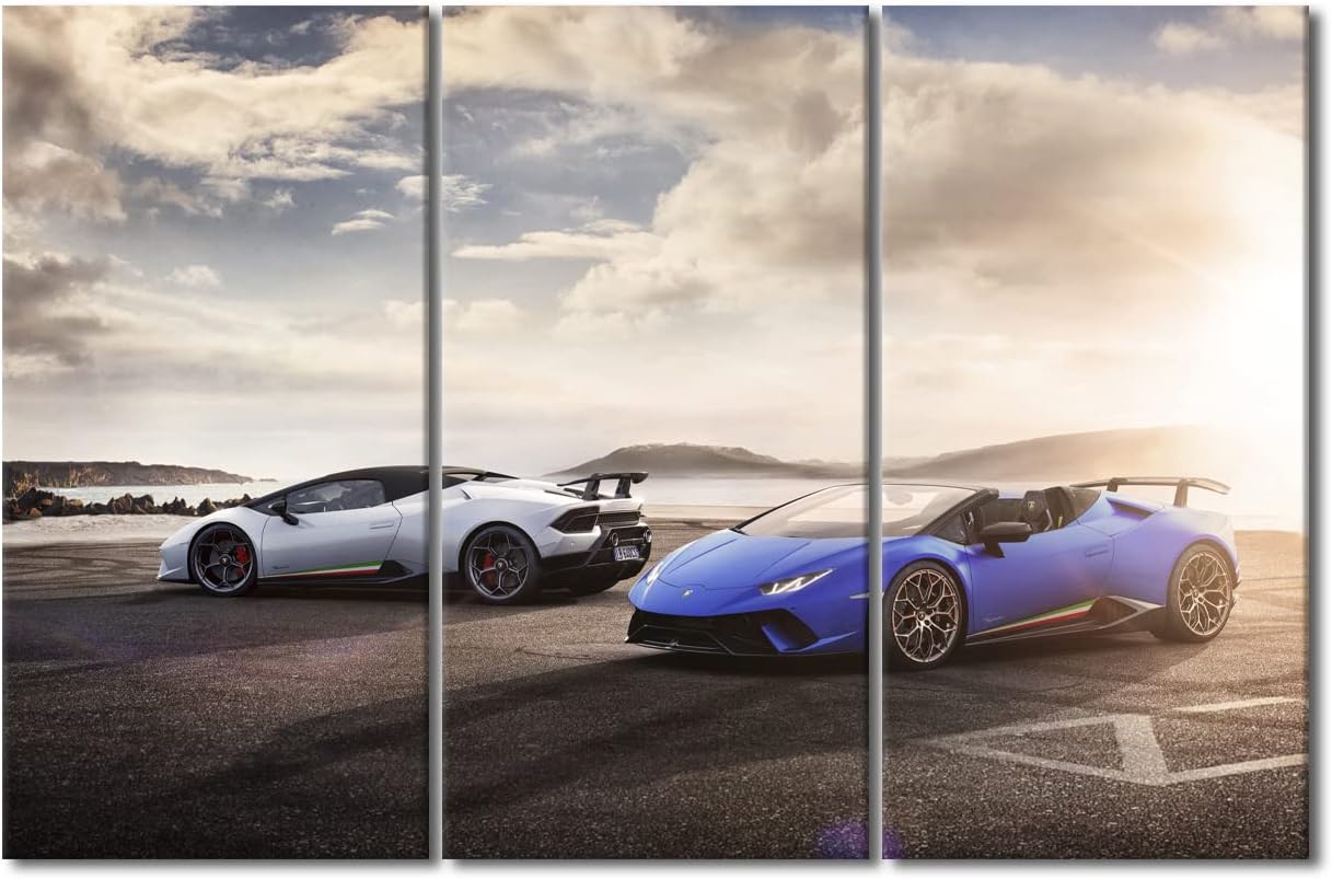 TUMOVO White Sports Car Canvas Wall Art Blue Super Car Posters & Prints Artwork Sunset Skyline Contemporary Home Decor Stretched Canvas Picture for Living Room Bedroom Home Office Decor, 42" Wx28 H