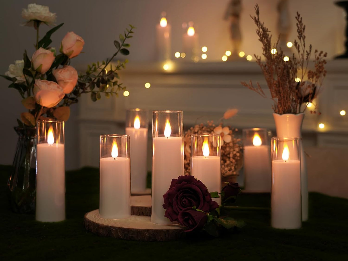 Amagic Pure White Flameless Candles, Battery Operated Candles, Acrylic Flickering LED Pillar Candles with Remote Control and Timer, 3D Wick, Yellow and Blue Glow, D2.2 xH5 6" 7", Set of 9