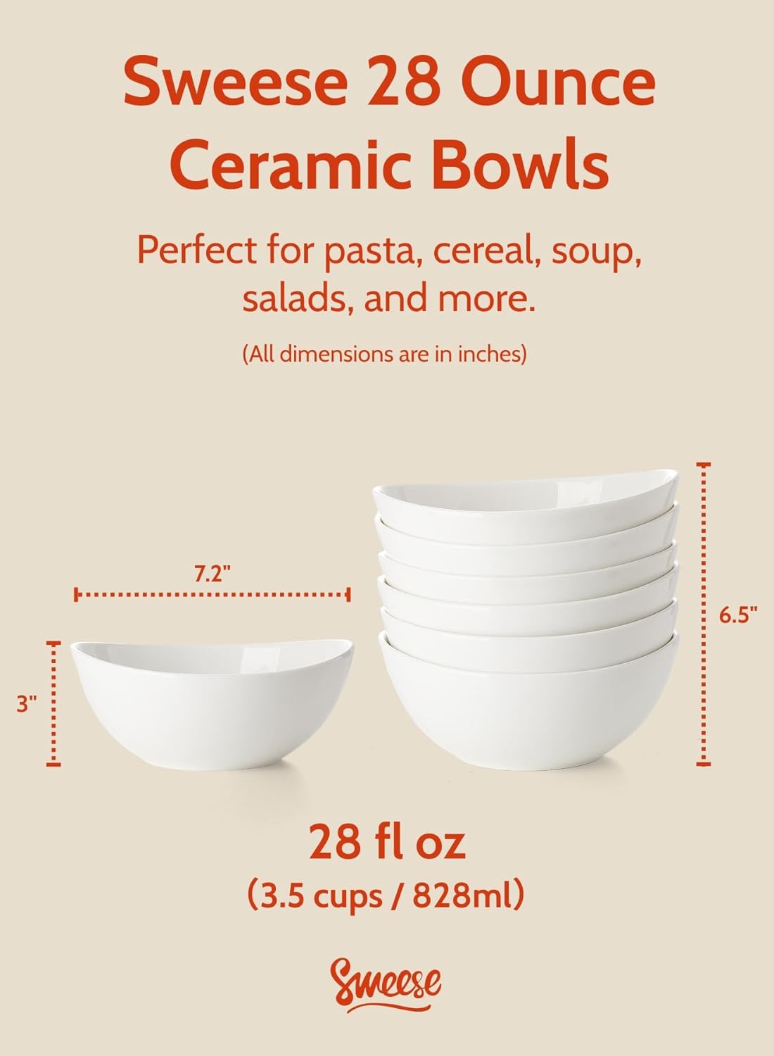 Sweese 7 Inch Porcelain 28 oz Bowls Set of 6, for Soup | Cereal | Pasta | Salad | Ramen | - Microwave, Dishwasher, and Oven Safe - White