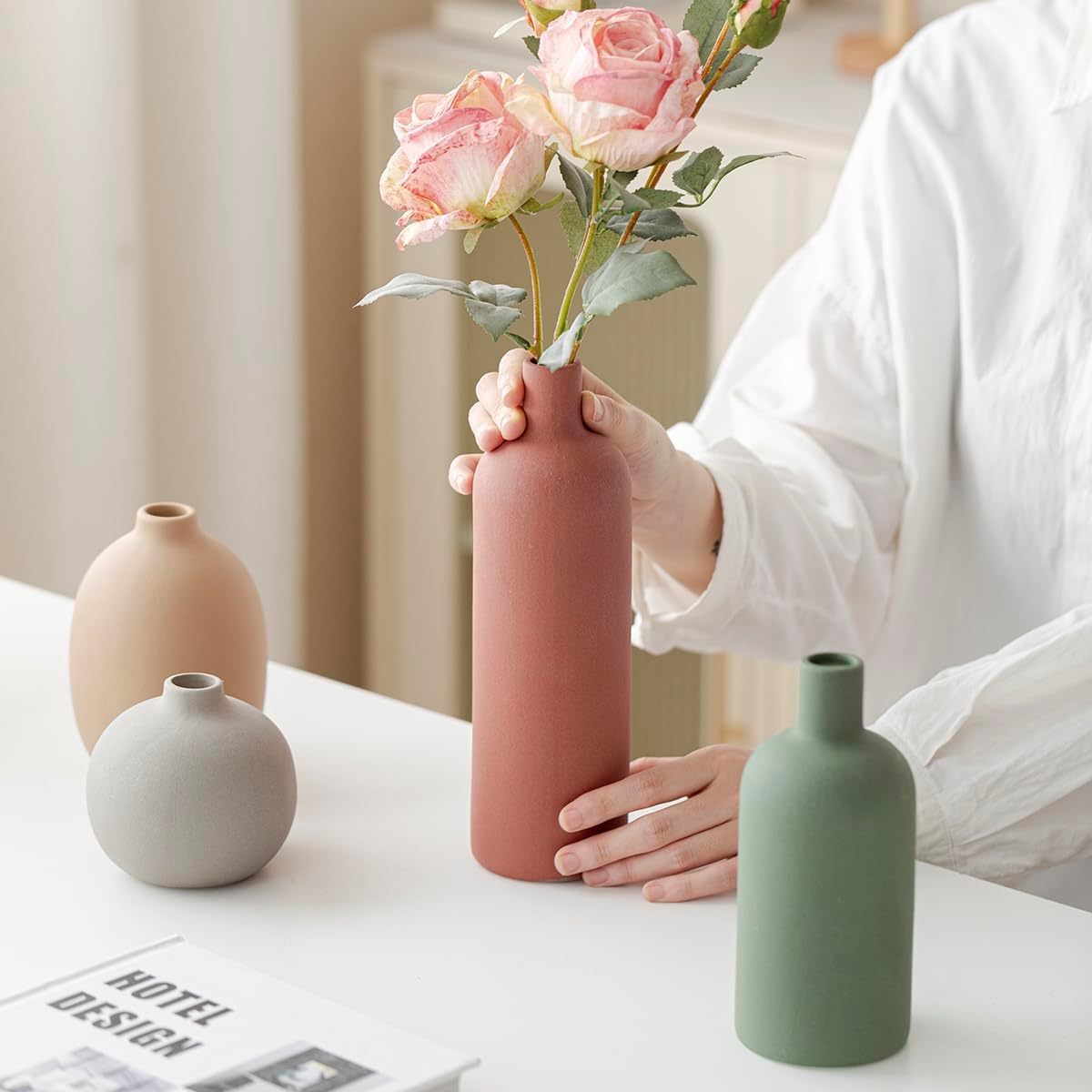 Modern Ceramic Vase Set, Neutral Colors, Decorative Vases for Home Decor, 4 Piece Collection (Green Mix Set 4)