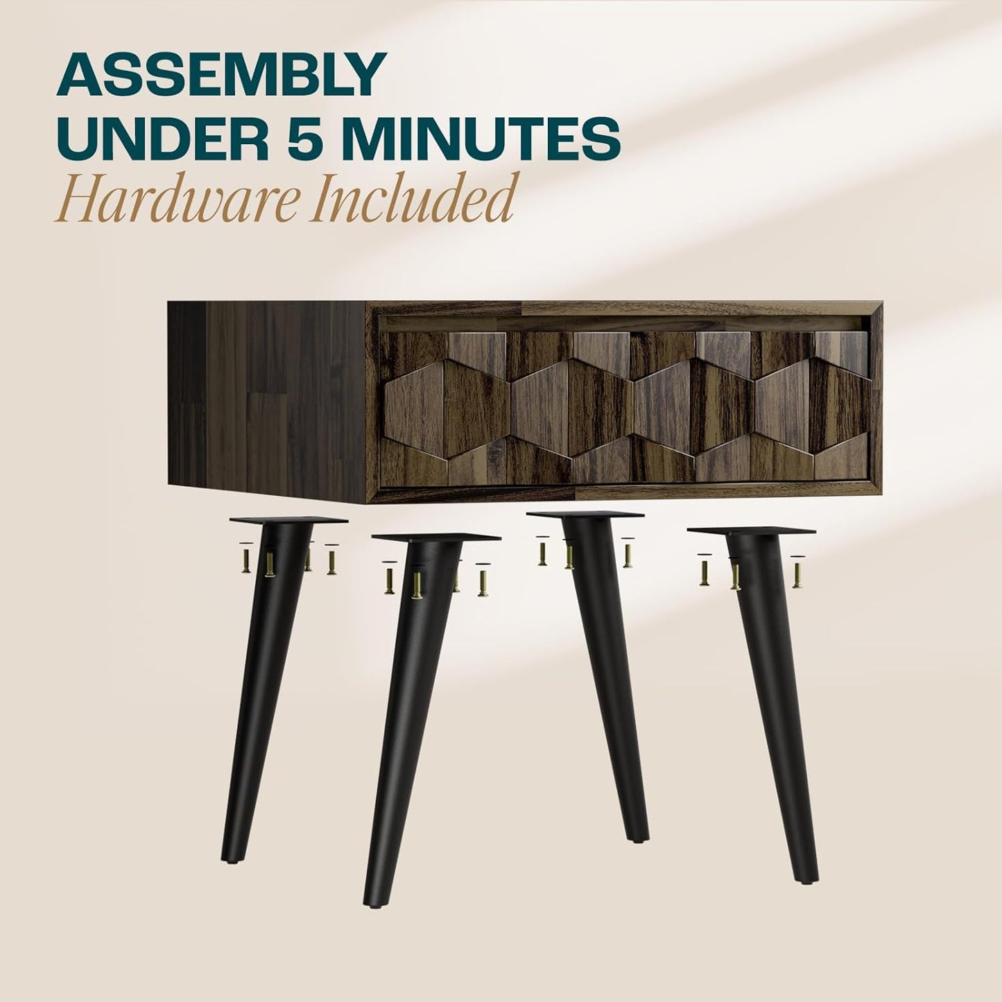 Bme Georgina Solid Wood Nightstand with Drawers, Pre-Assembled Rustic Nighstand with Geometric Pattern, Mid Century Modern Side Table for Living Room, Bedroom - Mocha