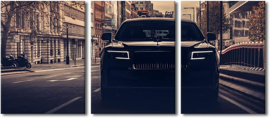 TUMOVO Canvas Prints Vintage Wall Art Modern Home Decor Black Sports Car Poster Living Room Men Boys Bedroom Decoration 3 Pieces Famous Car Retro Artwork Painting Framed Ready to Hang, 36" Wx16 H