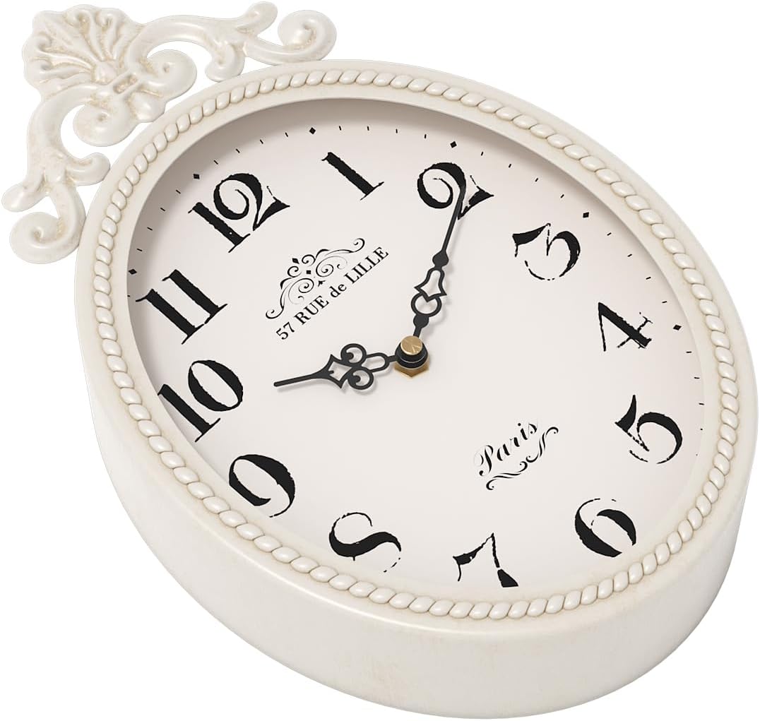 Abdurey Small French Retro Decorative Wall Clock, Ivory White Vintage Oval Style,Silent Battery Operated Boho Decor Wall Clocks for Farmhouse,Kitchen,Bedroom,Bathroom(10.4" H x 6.7" W)
