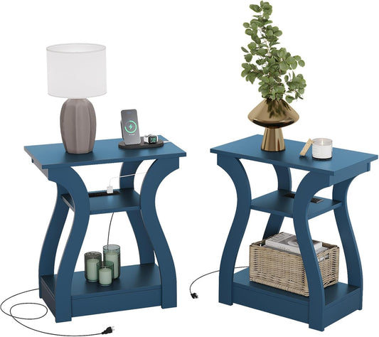 End Tables Living Room Set of 2,End Table with Charging Station and USB,Navy Blue Side Table, Nightstand for Bedroom,3 Tier End Table with Storage Shelf for Living Room Navy Blue