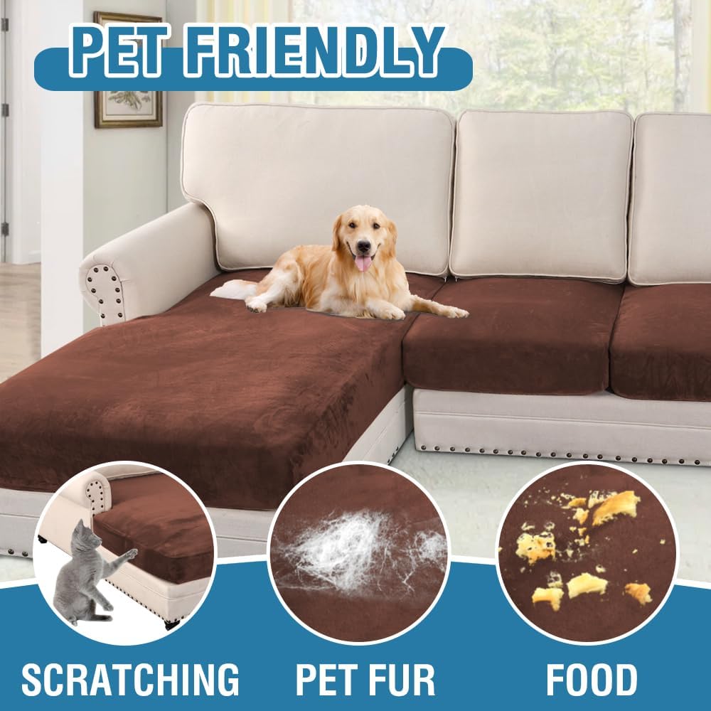 H.VERSAILTEX Velvet Stretch Sectional Couch Covers 4 Pieces Sofa Seat Cushion Covers L Shape Separate Couch Cover for Both Left/Right Sectional Couch (Large Sofa 3 Seater + 1 Chaise, Burnt Brick)