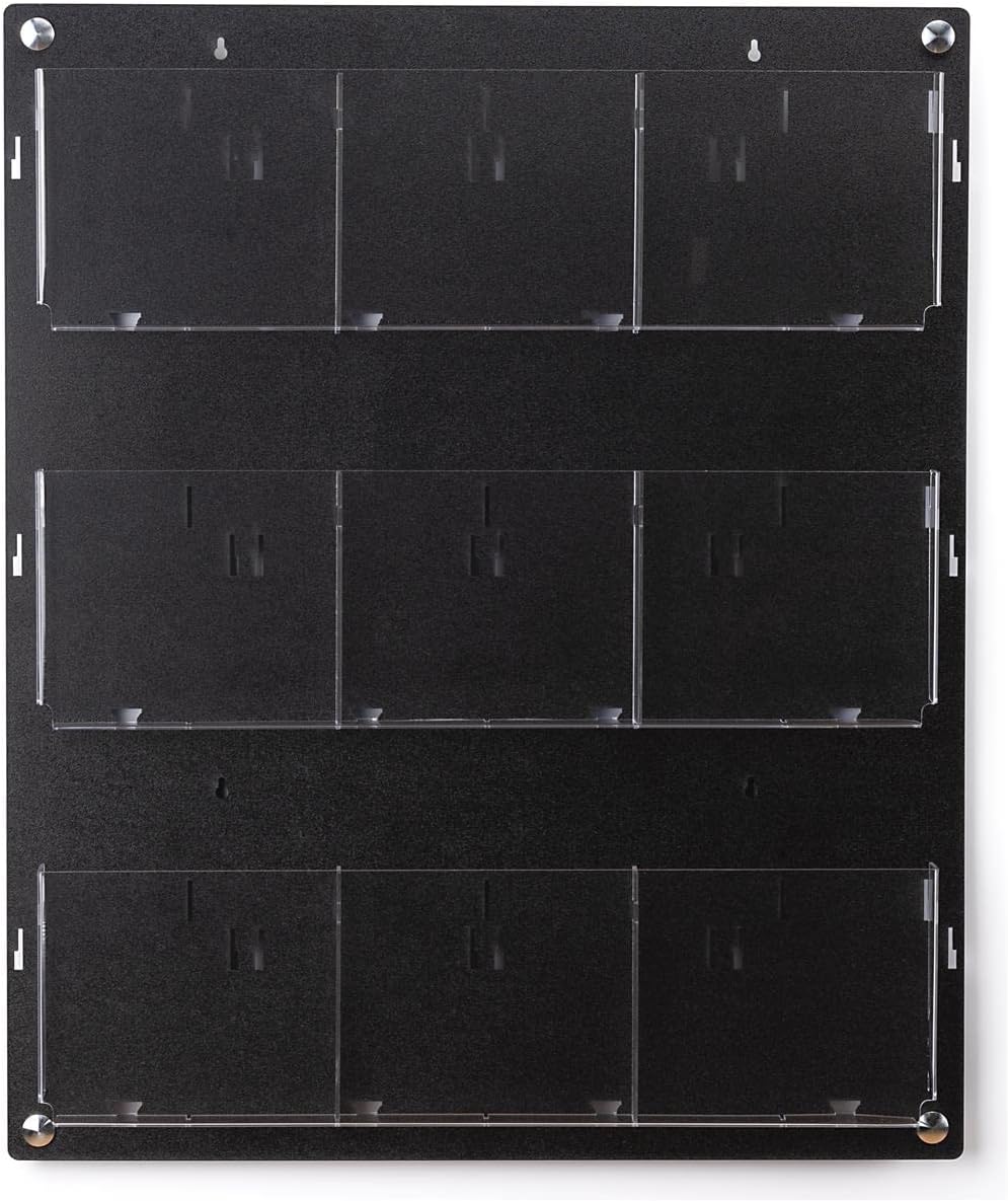 Displays2go Wall Mount Acrylic Brochure Holder, 9-18 Adjustable Pockets, Tiered Design - Black (2RP9BLK)