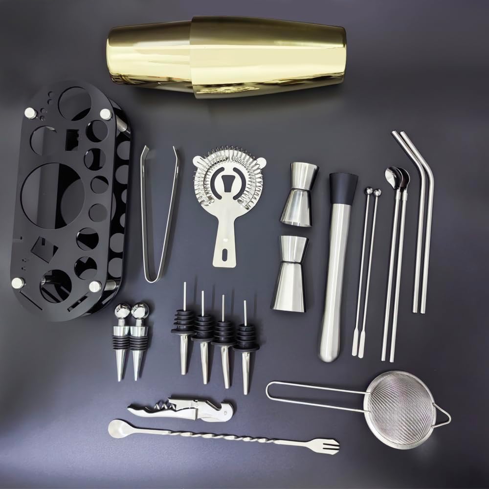 22-Piece Cocktail Shaker Set, 25/20oz Bartender Kit, Bartending Stainless Steel Bar Tools Sets for Drink Mixing, Boston Cocktail Shakers with Stand Recipes Booklet (Rose Copper-25-20oz)