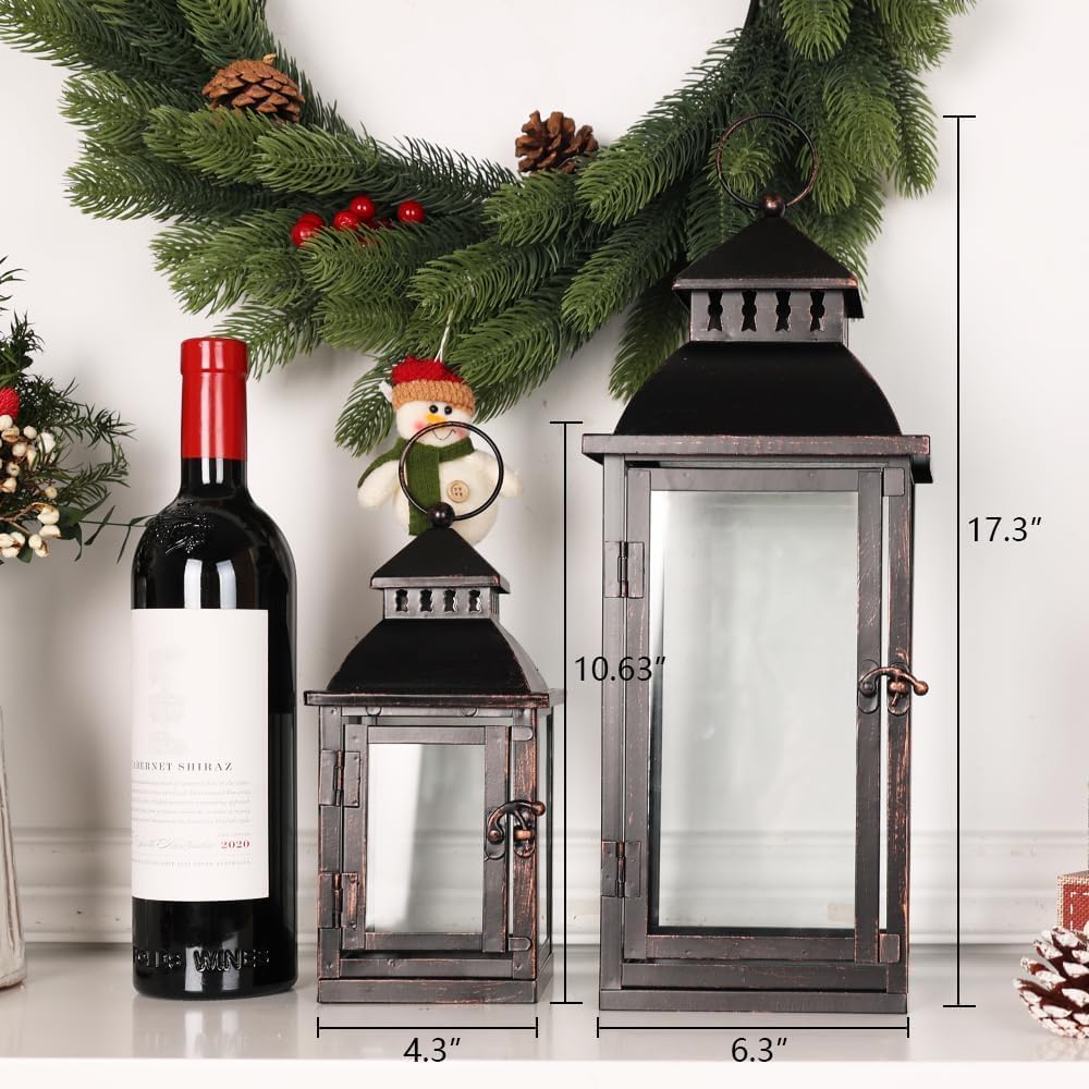 NEEDOMO Lanterns Decorative Outdoor&Indoor, Set of 4 (14"&10") Beige Metal Lantern Decor with Glass, Candle Holder for Porch, Patio, Garden, Balcony, Wedding, Table Centerpiece