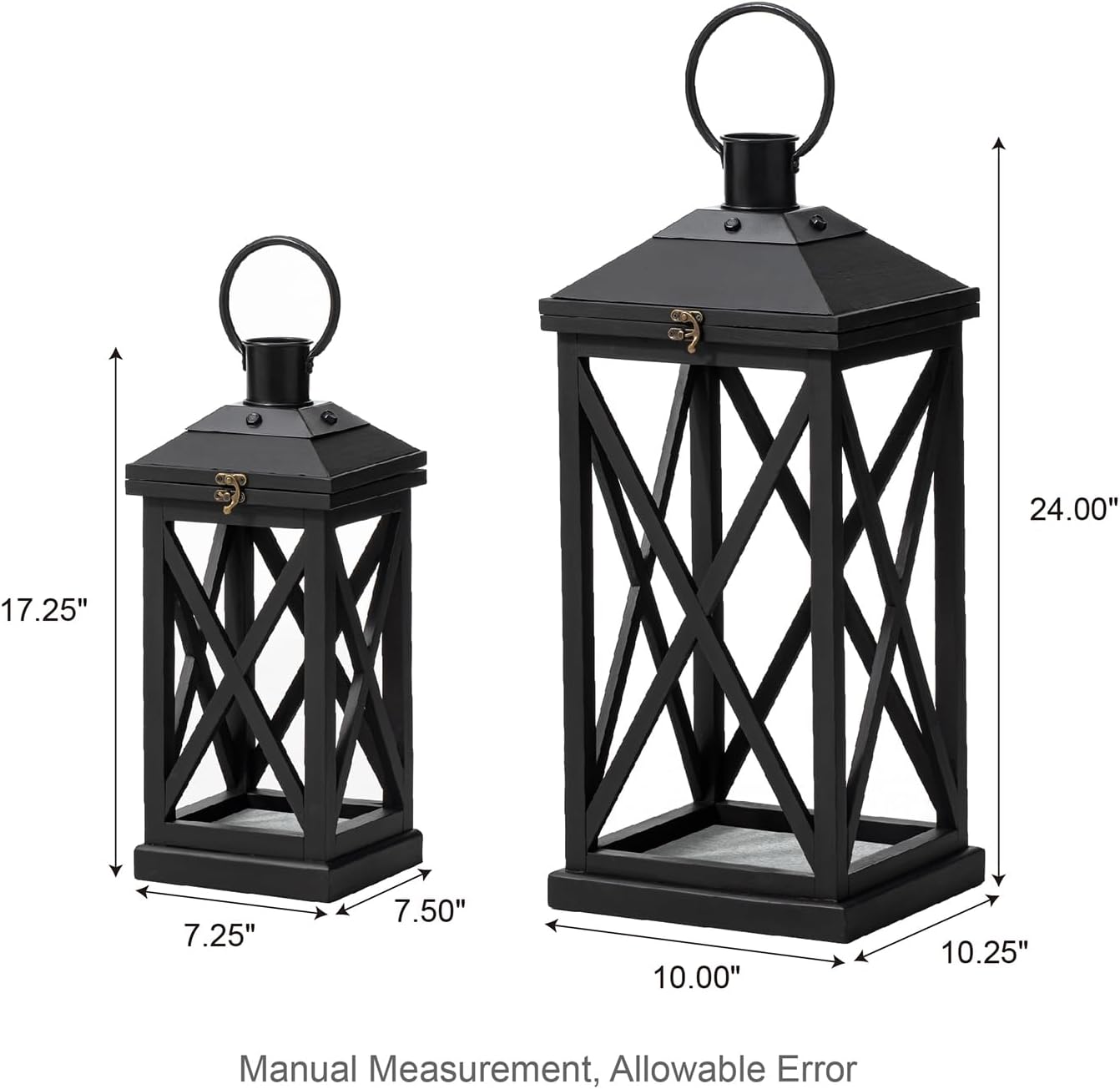 Glitzhome Modern Farmhouse Wooden Lantern Hanging Decorative Candle Lantern for Outdoor & Indoor Black Set of 2 (No Glass)