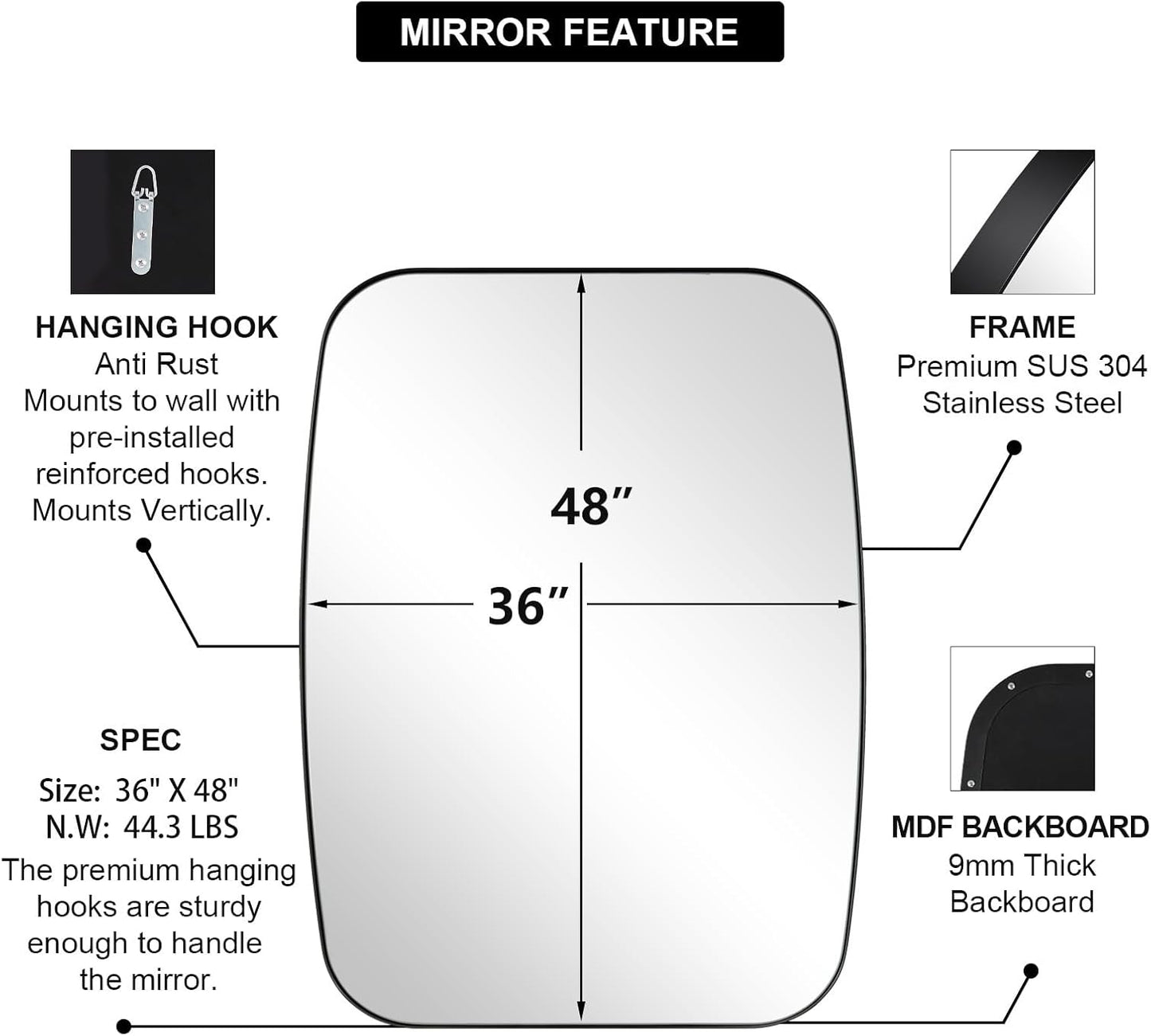ANDY STAR Black Oblong Mirror, 36x48 Inch Black Oval Mirror for Bathroom with Stainless Steel Metal Frame, Wall Mouned for Bathroom, Living Room, Entryway