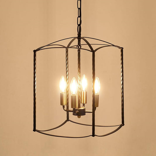 Farmhouse 4 Lights Pendant Light, Industrial Black Lantern Chandelier with E12 Gold Base Metal Cage Rustic Geometric Hanging Light Fixtures for Kitchen Island Foyer Entryway Dining Room