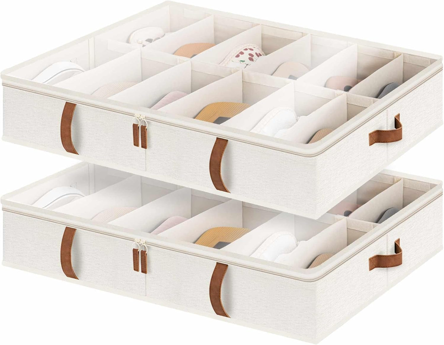 StorageWorks Shoe Organizer Under Bed for Closet, 2-Pack Ultra-thick Fabric Shoe Storage Containers with Bottom Support and Adjustable Dividers, Fits up to 24 Pairs, Beige