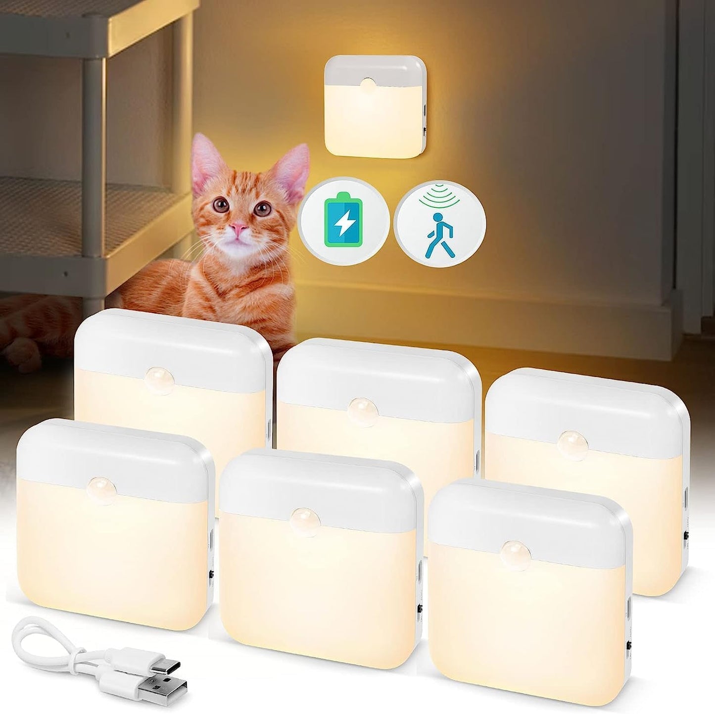 USB Rechargeable Battery Night Light Indoor,Stick-on Motion Sensor Puck Night Lights-No Need Plug Into Wall, Mini Motion Sensor Closet Lights for Stair Hallway Bedroom Toilet Cabinet, 6 pcs,2 Colors