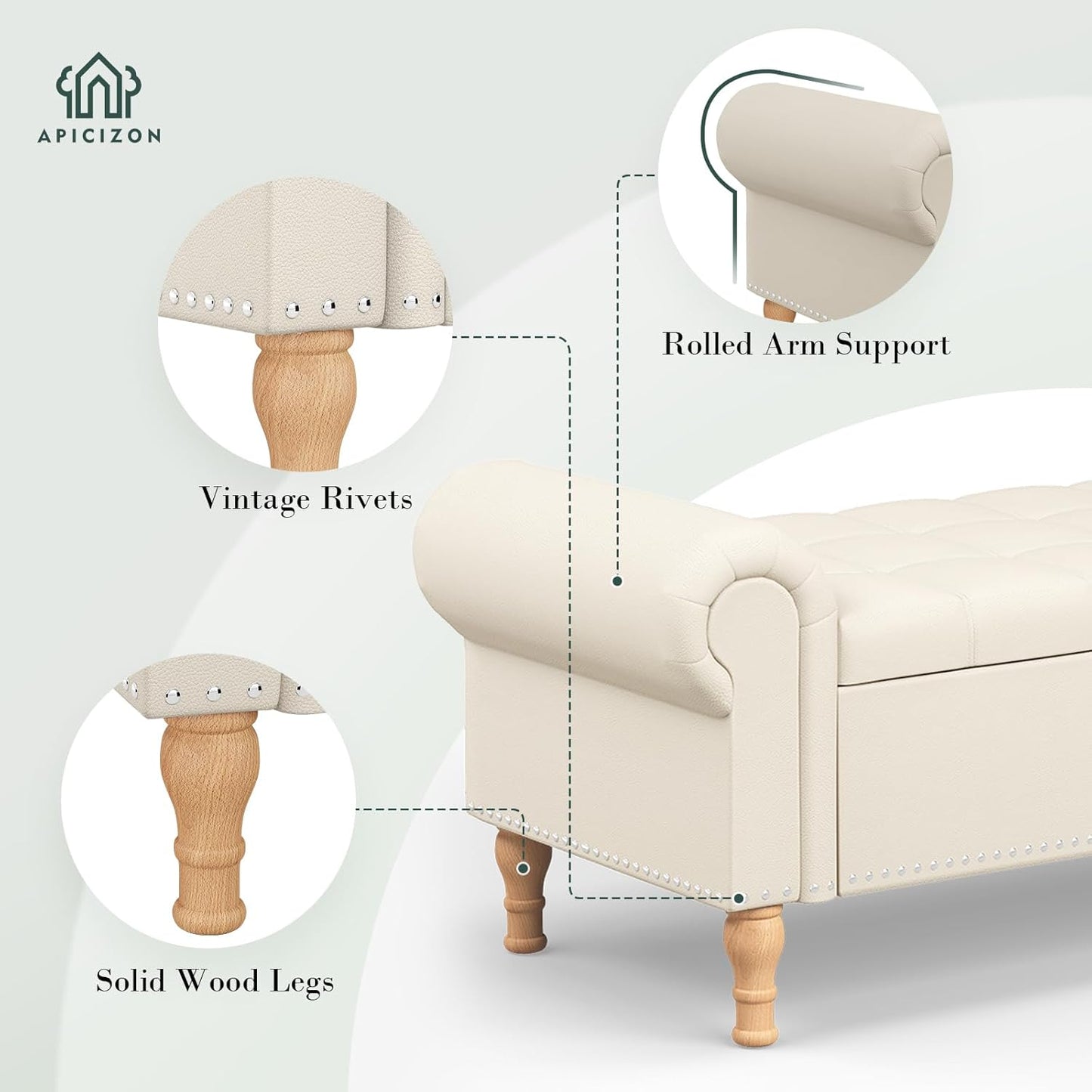 Apicizon 51”Storage Ottoman Bench, Soft Faux Leather Indoor Bench with Rolled Arm and Vintage Rivets, Large Storage Chest for Bedroom, Living Room, Entryway，Beige+Natural Legs