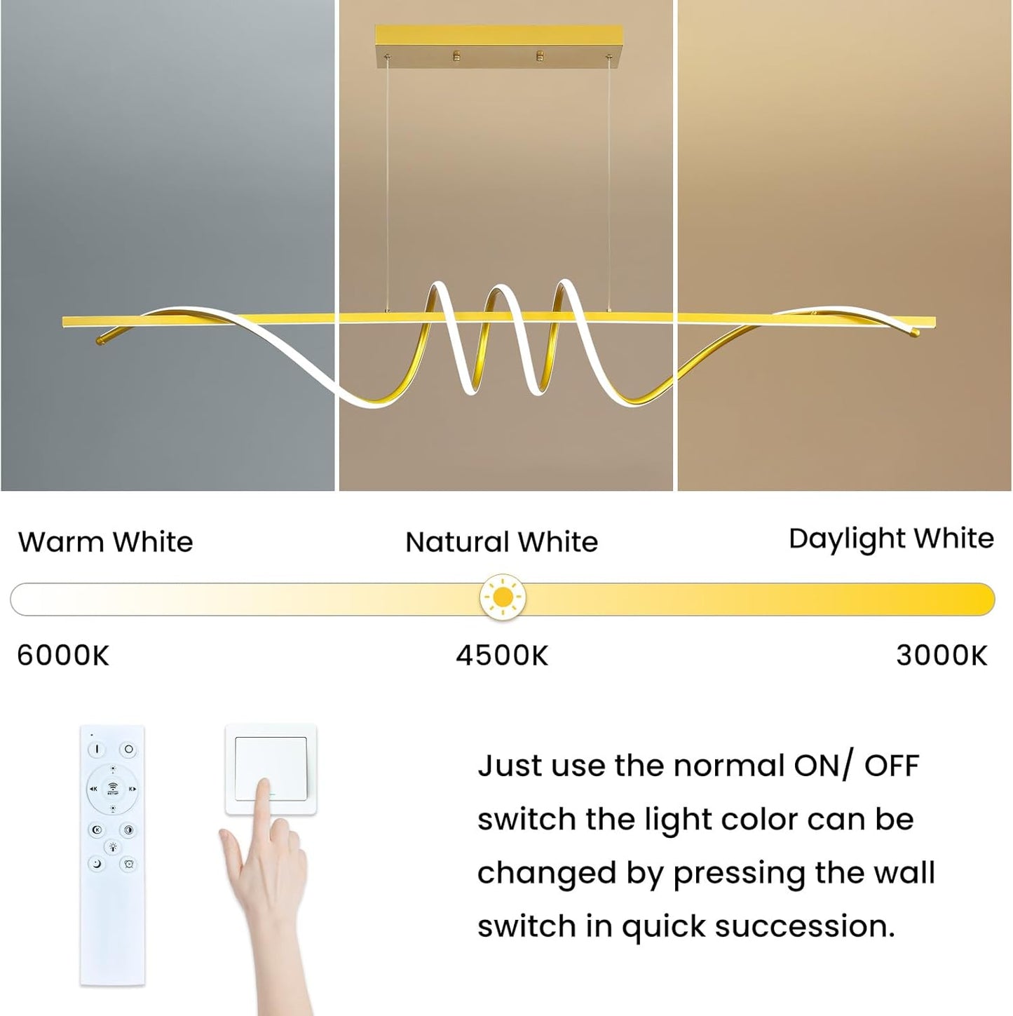 Modern Design Dimmable Desk Linear Pendant Light, with Remote Control Dimmable 3 Color Mode & Brightness Ceiling Lamp, Anti-Flicker Dining Light Fixture for Kitchen, Dining Room (Gold, 57IN)