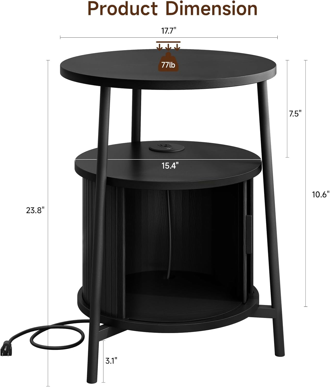 Round Side Table with Storage, Fluted Nightstand with Charging Station, Small Mid-Century Modern Bedside Tables, Black End Tables for Small Space Living Room Bedroom Sofa Couch