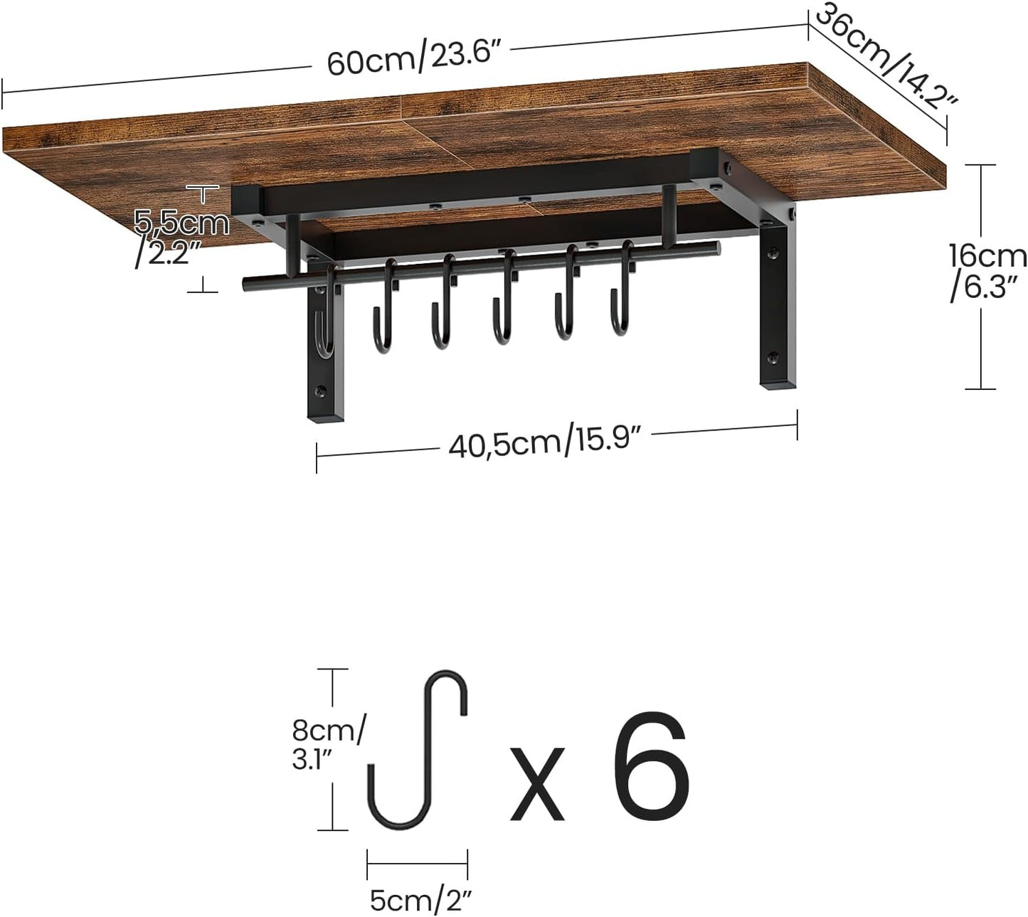 Wall-Mounted Pot Racks, Set of 2 Hanging Pot Rack, Floating Shelves, Wall Shelves, Vintage Pot Hangers for Kitchen, Wall Rack for Kitchen Storage, Rustic Brown and Black TPR26P2BF