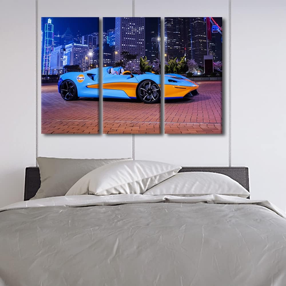 TUMOVO Blue and Orange Sports Car Canvas Wall Art City Night View Wall Art for Living Room Pictures for Bedroom Modern Home Decor Office Bathroom Decorations Artwork Framed Ready to Hang, 36" Wx24 H