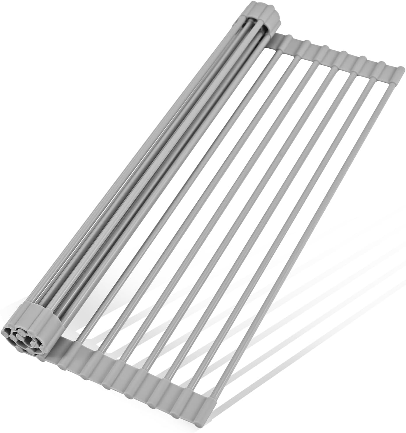 LEMIKKLE Roll Up Dish Drying Rack 17" x 13", Over The Sink Dish Drainer Rack, Foldable Sink Drying Rack, Anti-Slip Silicone Wrapped Dish Drainer for Kitchen Counter (Grey 17" x 13")