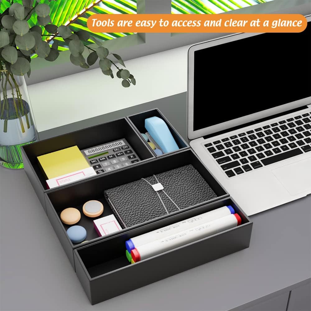 Black Bamboo Drawer Organizer - Silverware&Utensil Holder Organizer for Kitchen Drawers, Multi-Use Drawer Dividers Boxes for Bathroom Counter，Cabinet, Garage, Office Desk, Makeup, Jewelry (9"6"2.5")