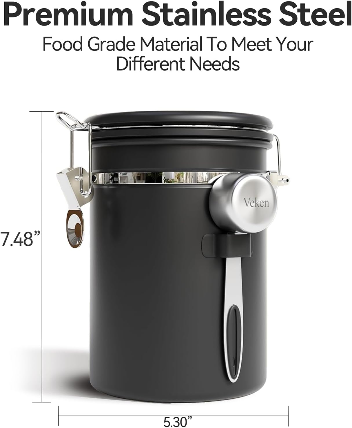 Veken Coffee Canister with Window,Airtight Stainless Steel Container,Home Kitchen Food Storage Organizers for Grounds,Beans,Espresso,Rice,Tea,Sugar,Flour, Cereal,Scoop,Bar Accessories,Gifts,22OZ,Black
