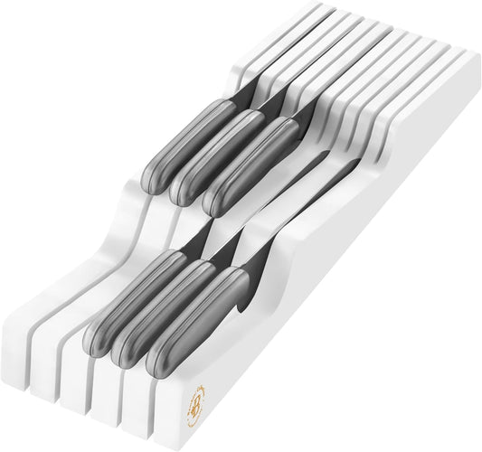 In-Drawer Knife Block Organizer - Bamboo Wood Drawer Knife Organizer - Holds 5 Long + 6 Short Knives (Not Included) - Store Knives with Blades Pointing Down
