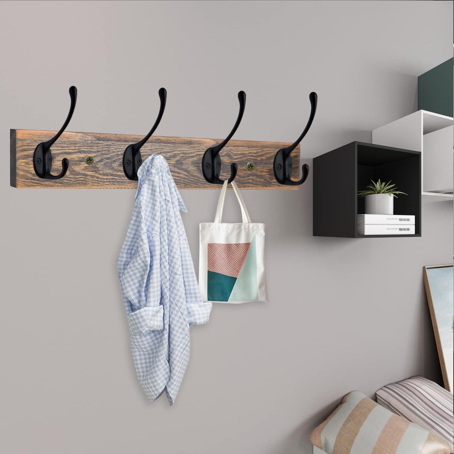 IBosins Wall Mounted Coat Rack, 2 Pack Metal Wood Coat Rack with 8 Black Rustic Hooks for Scarf, Bag, Towel, Key, Cap, Cup, Hat