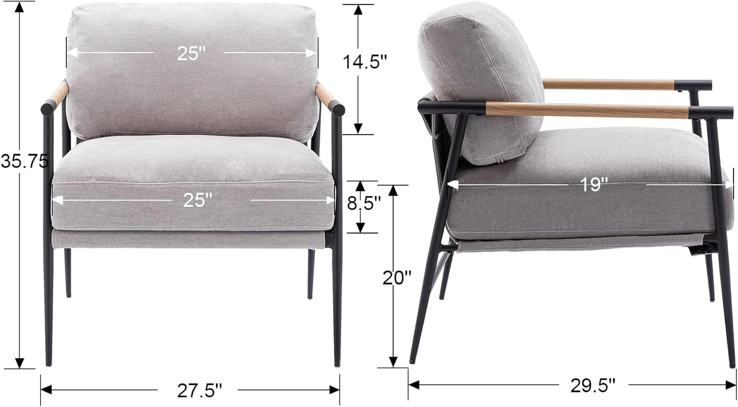 Mid-Century Accent Chair, Soft Armchair Chenille Fabric Lounge Chair with Black Metal Legs, Upholstered Leisure Chair for Living Room Bedroom Reception Room, 1PC, Grey