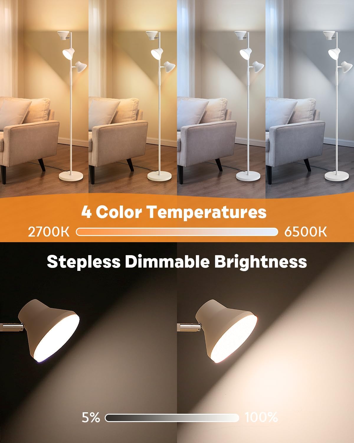 White Floor Lamp, 36W Modern Dimmable Standing Lamp 2700-6500K, 3 Rotatable LED Lights Reading Tall Lamp, Touch & Remote Control Floor Lamps for Living Room Bedroom Office