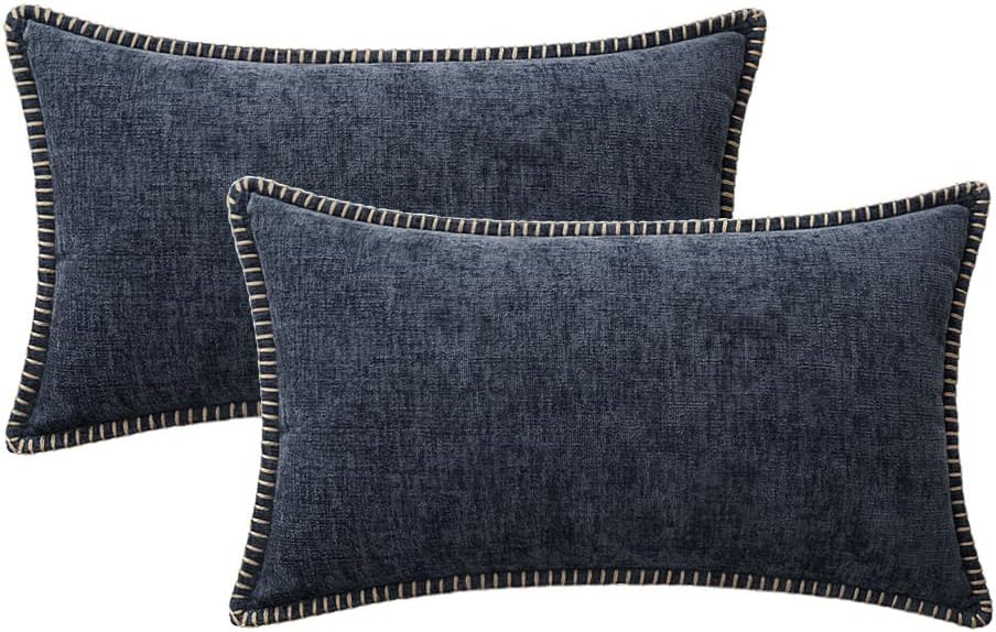 MIULEE Pack of 2 Couch Throw Pillow Covers 12x20 Inch Dark Blue Farmhouse Decorative Pillow Covers with Stitched Edge Soft Chenille Solid Dyed Spring Pillow Covers for Sofa Bed Living Room
