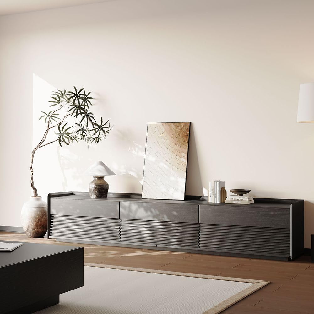 POVISON Fully-Assembled Mid Century Modern TV Stand, 94.49" Wood Media Console with Adjustable LED Light, Entertainment Center with Storage for Living Room