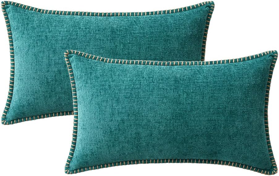 MIULEE Pack of 2 Couch Throw Pillow Covers 12x20 Inch Teal Farmhouse Decorative Pillow Covers with Stitched Edge Soft Chenille Solid Dyed Spring Pillow Covers for Sofa Bed Living Room