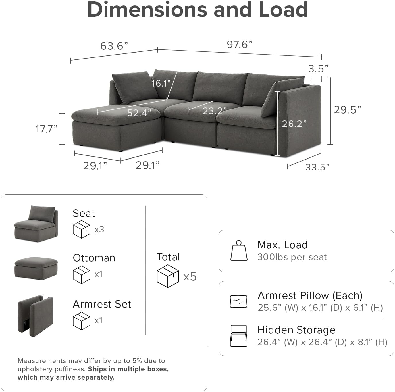 mopio Oversized Modular Sectional Sofa with Fully Removable Covers and Storage, Convertible U, L-Shaped and Sleeper Sectional, Modern Couches with Ottoman Chaise (Stone Gray Fabric, 4 Seats, L)